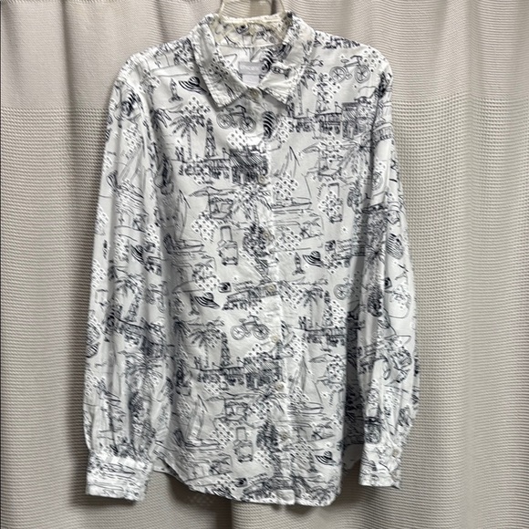 Chicos Summer Vacation Eyelet women’s blouse SZ 1 8/10 black/white Novelty print - Picture 1 of 8